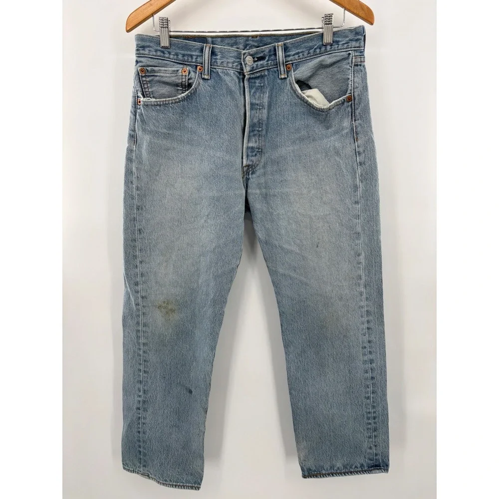 Levis 501XX Mens 34x30 Jeans Y2K  Light Distressed Blue Workwear Faded Denim